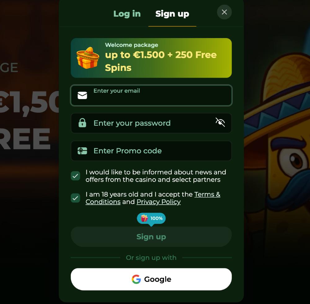 Procedura di registrazione su Casinacho Casino